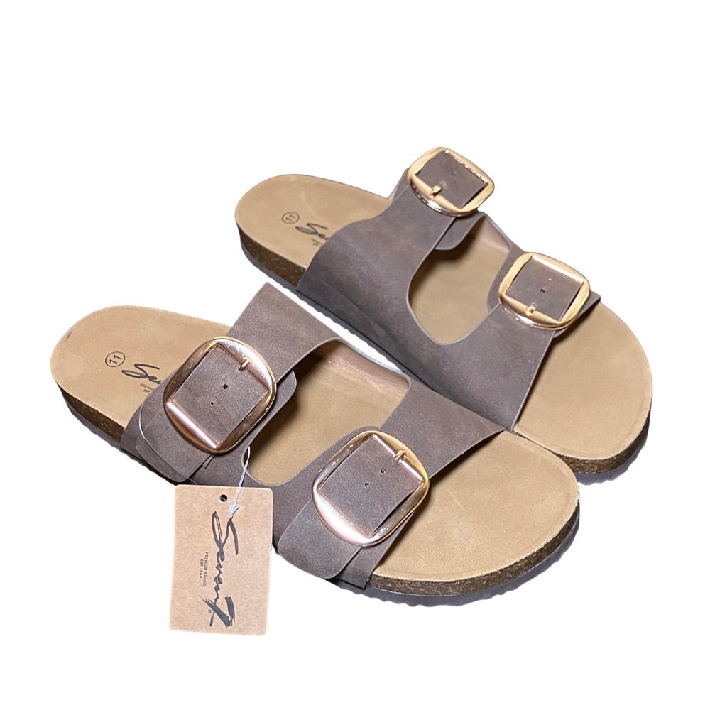Seven7 Slide Sandals Womens 11 Brown New In Box Double Strap Buckle Faux Suede